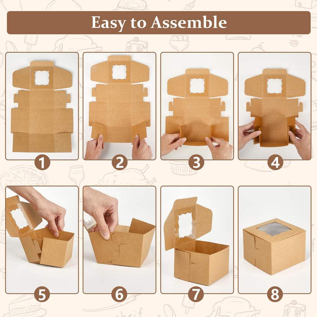 TAOUNOA 80 Pack 4x4x2.5 Inch Cookie Boxes with Window, Kraft Bakery Boxes for Cupcakes, Desserts Treats, Clear View Eco-Friendly Gift Packaging for Baked Goods Party (Brown, 20 pcs Easy to Secure)