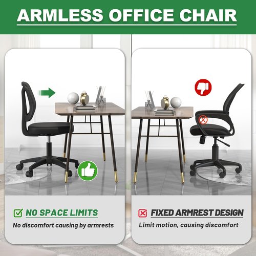 Swivel Armless Desk Office Chair Without Arms Adjustable Height and Lumbar Support for Home