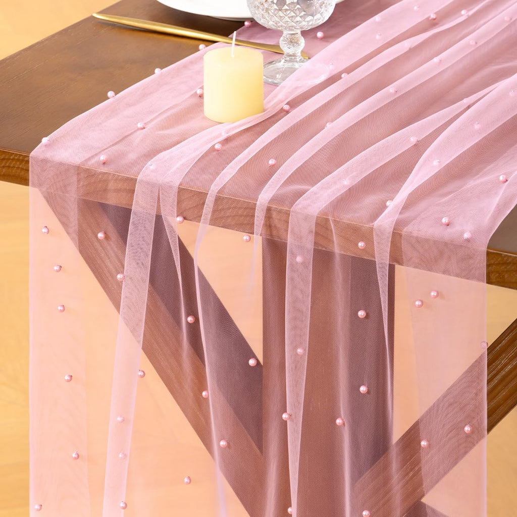 Socomi Pearl Table Runner - Tulle Pink Gauze for Spring & Easter | 10FT Dining & Party Decor