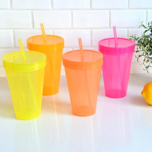 Youngever 9 Sets 16 Ounce Plastic Cups with Lids and Straws, Reusable Plastic Cups with Straws (Pink Colors)