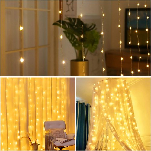 HOME LIGHTING 300 LED Window Curtain String Lights - 8 Lighting Modes & Remote Control | USB Powered Warm White Fairy Lights for Christmas & Weddings