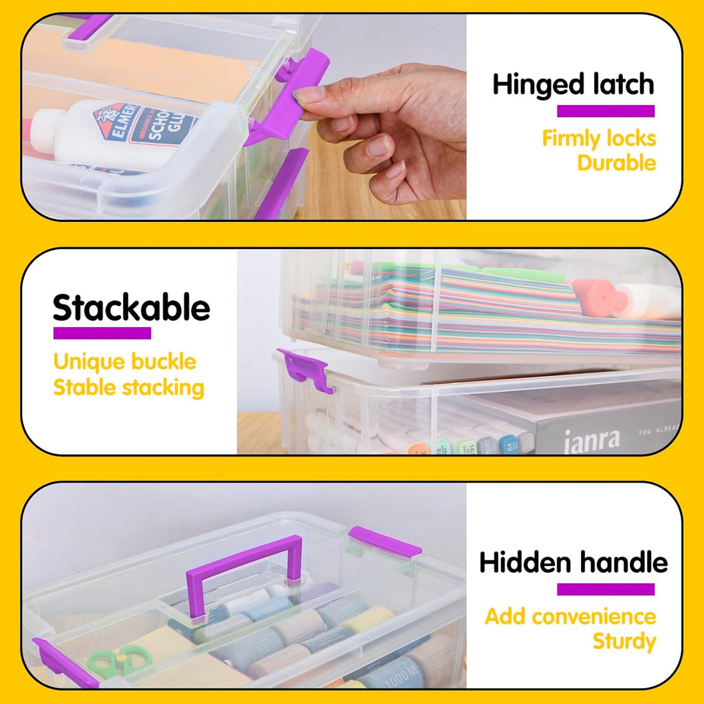 TERGOO 2-Layer Plastic Storage Containers - Clear Stackable Craft Organizers | Portable Bin for Art, Sewing & Makeup (Purple)