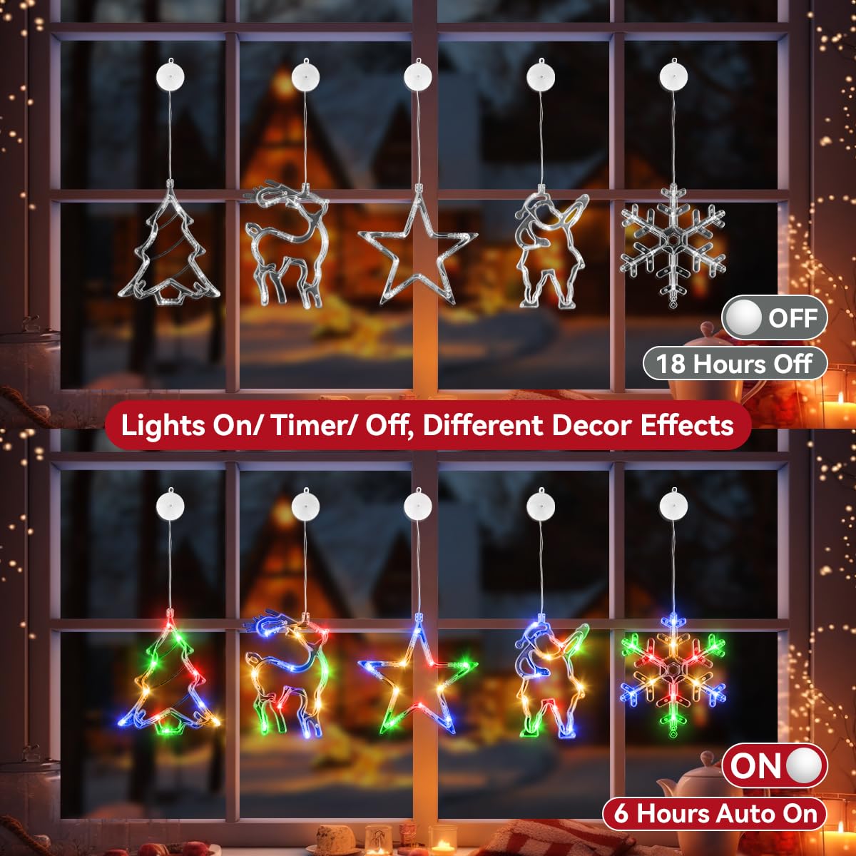 5Pcs Christmas Window Lights, Battery Powered Twinkle Lights Christmas Decorations Indoor Outdoor for Wall Door Porch Balcony Glass Decor with Suction Cup & Timer