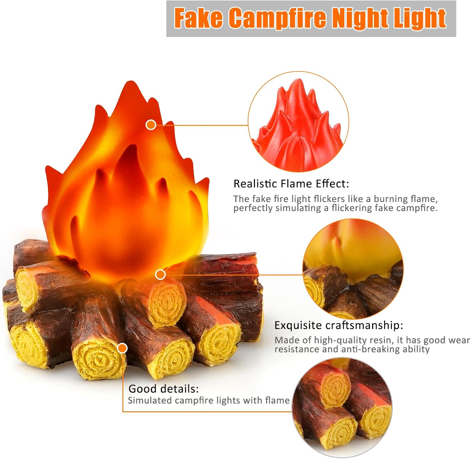 Bestview 3D LED Fake Campfire Night Light - Realistic Flameless Candle Fire Pit Lamp for Halloween & Christmas Decor