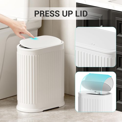 Figella 1.8 Gallon Bathroom Trash Can with Lid Press-Top, Small White Stainless Steel Garbage Can with Removable Inner Bucket, Slim Fit Narrow Spaces for Bedroom Office