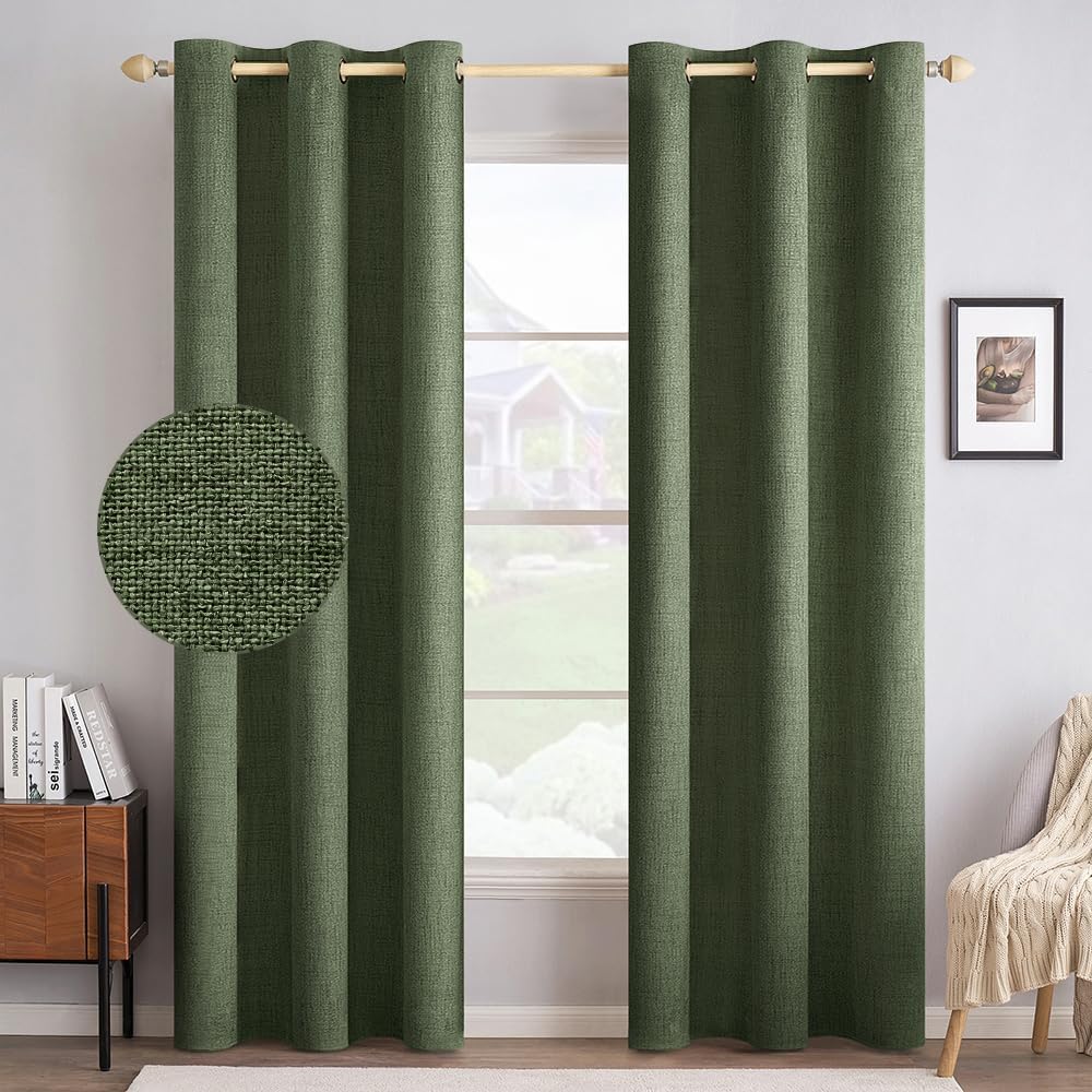 MIULEE Blackout Linen Textured Curtains - Thermal Insulated Olive Green Drapes | 42 x 90 Inch (2 Panels)