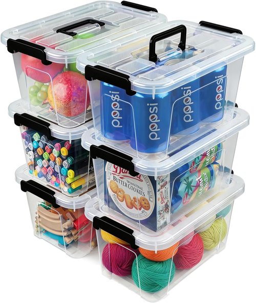 EOENVIVS Plastic Storage Bins - 7 Quart Stackable Organizer with Lids & Handles | 6 Pack Clear Storage Boxes for Home & Office