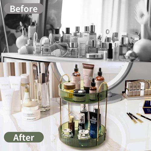 Asayuee 360° Rotating Makeup Organizer - Large Capacity Skincare & Perfume Holder | Green 2-Tier Design