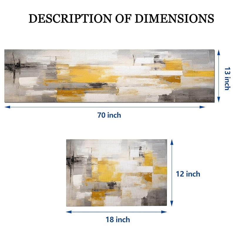 Table Runner & 6 Placemats Set - Yellow 70"X13" Runner + 18"X12" Placemats, Abstract Grey Linen