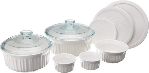 CorningWare French White 10-Pc Ceramic Bakeware Set - Chip & Crack Resistant, Microwave & Oven Safe