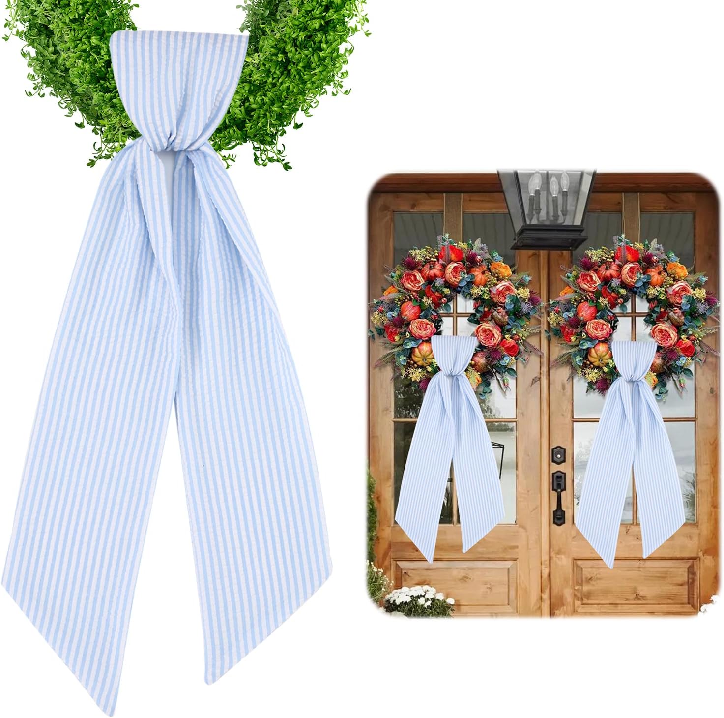 Skiennix 2 Pack Wreath Sash - Blue Stripe Design for Monogram Embroidery | 5'' W x 54'' L Front Door Decor