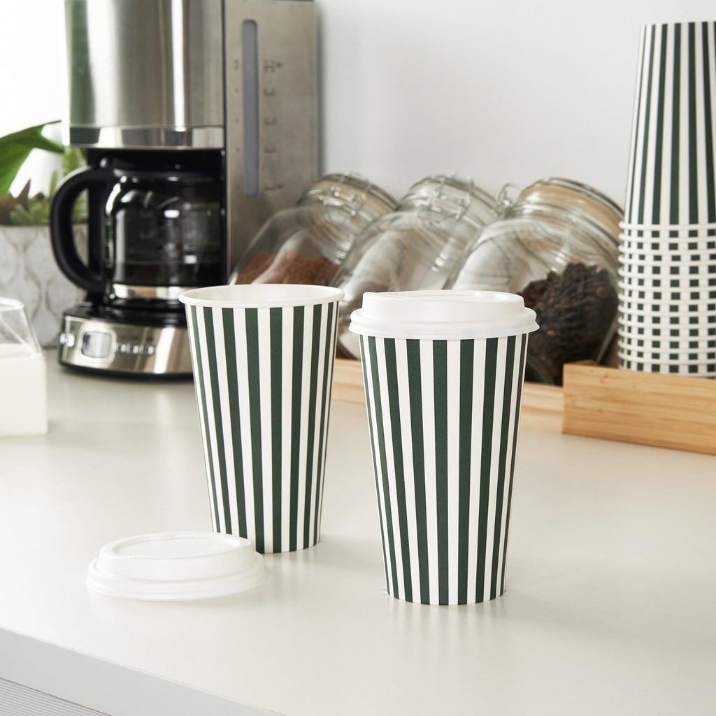 Restaurantware 16 Ounce Disposable Coffee Cups With Lids, 400 Hot Cups With Lids - Sleeves Sold Separately, Single Wall, Forest Green And White Stripe Paper Coffee Cups, For Coffee And More