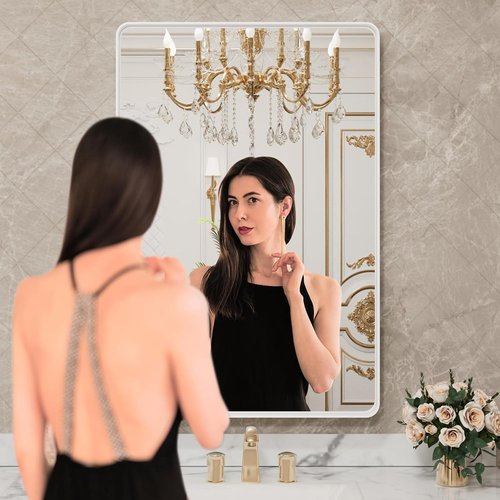 LOAAO White Metal Framed Bathroom Mirror - 30x36 Inch Large Rounded Rectangle | Anti-Rust Tempered Glass