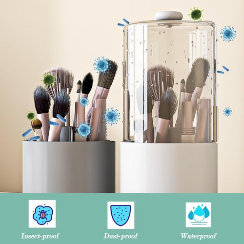 Zufudo Makeup Brush Holder with Dustproof Cover, Clear 360 Rotating Make Up Brushes Organizer for Counter Vanity Bathroom, White