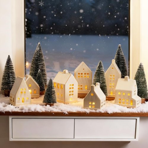 Christmas Village Set - 7 White Ceramic Houses with Remote LED Tea Lights & 8 Mini Trees | Farmhouse Holiday Decor