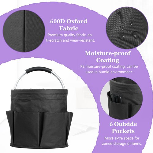 IHOMAGIC 17L Cleaning Caddy with Handle and 6 Pockets, Foldable Cleaning Supply Caddy, Portable Shower Caddy in 600D Oxford Fabric, Multifunctional Storage Basket for Camping, Gardening, Black