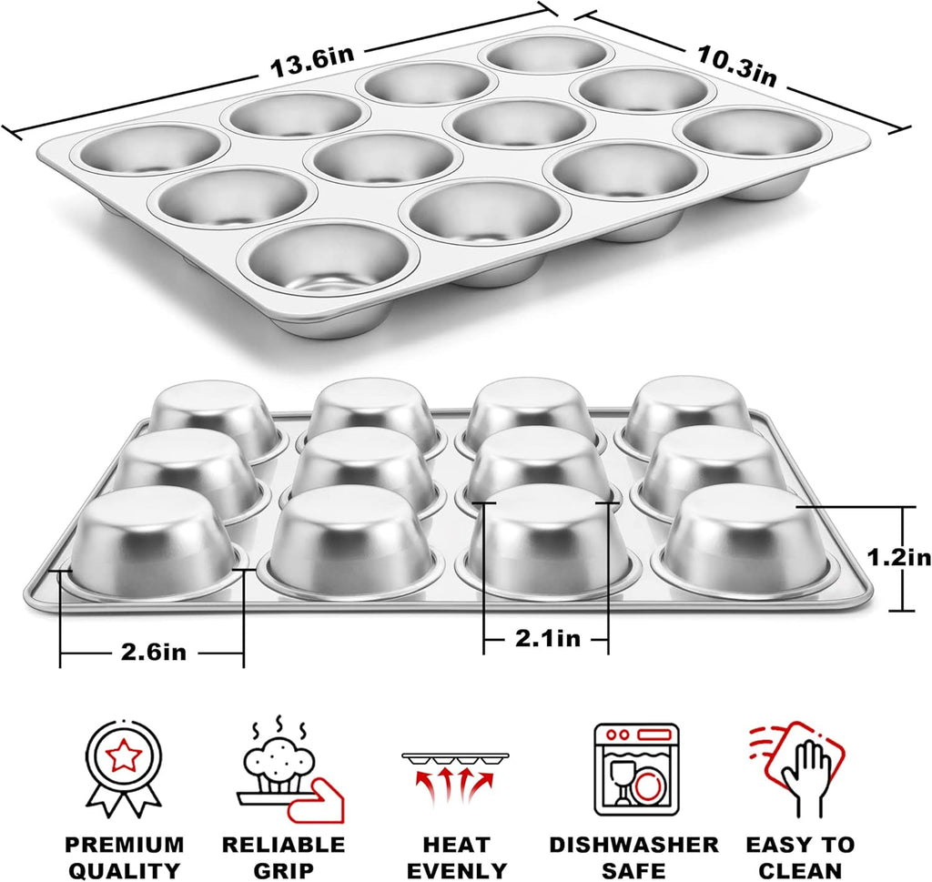 TeamFar 12-Cup Muffin Pan - Stainless Steel Cupcake Baking Tin | Non-Toxic & Dishwasher Safe