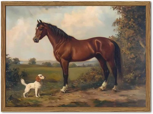 Framed Vintage Wall Art - Rustic Horse & Dog Pictures | Farmhouse Canvas Prints 12x16 Inch