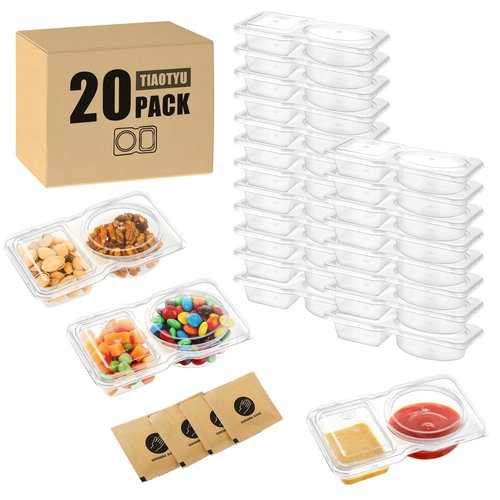 tiaotyu 20 Pack 2 Compartment Snack Containers with Lids – Leak-Proof, Reusable Plastic Snack Packs for Kids & Adults, Divided Small Snack Containers for Lunch, Meal Prep, Dips, Salads