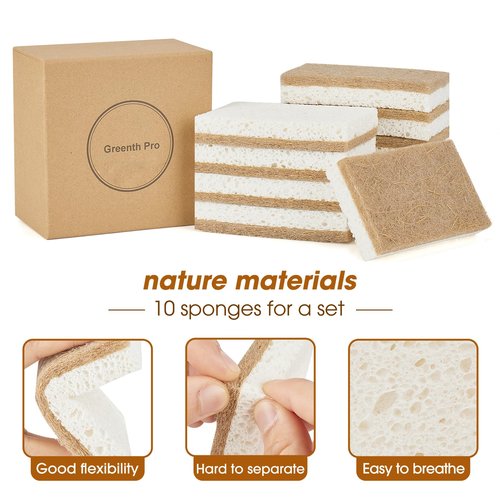 GREENTH PRO 10 Pack Nature Dish Sponge - Natural Kitchen Sponge - Coconut Fiber and Wood Cellulose Scrubber