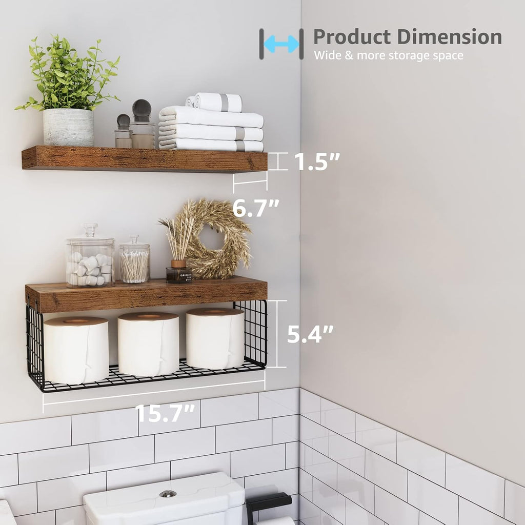 QEEIG Bathroom Shelves | Over Toilet Wall-Mounted Floating Shelves - Rustic Brown, 16 Inch Set of 2