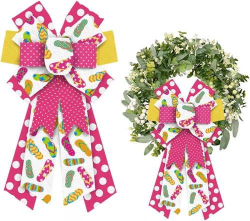 ALIBBON Large Flip Flop Bows - Vibrant Summer Wreath Bows in Red & Yellow for Indoor/Outdoor Decor