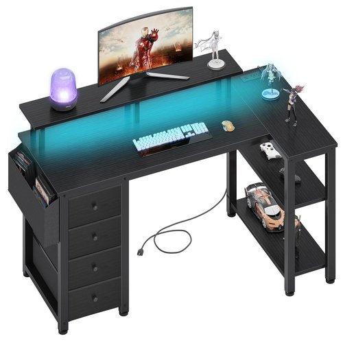 Lufeiya Black L Shaped Desk with Led Lights and Power Outlets, 47 Inch Writing Study Computer Gaming Desks with Fabric Drawers for Bedroom, Home Office Corner Desk with Monitor Stand Shelves, Black
