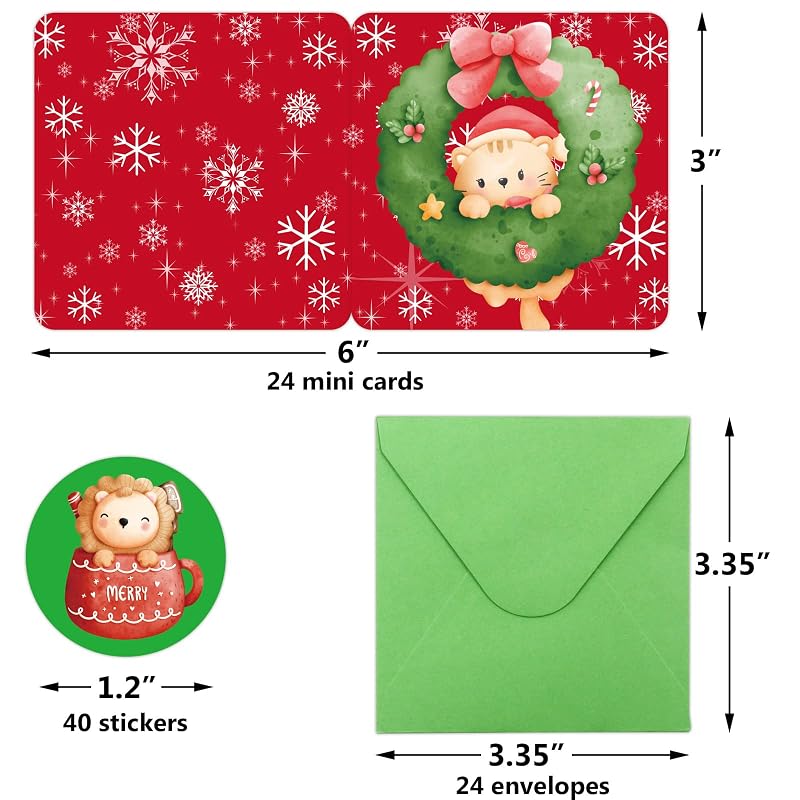 Mini Christmas Cards with Envelopes, 24 Pack – 3x3" Greeting Cards for Kids & Friends