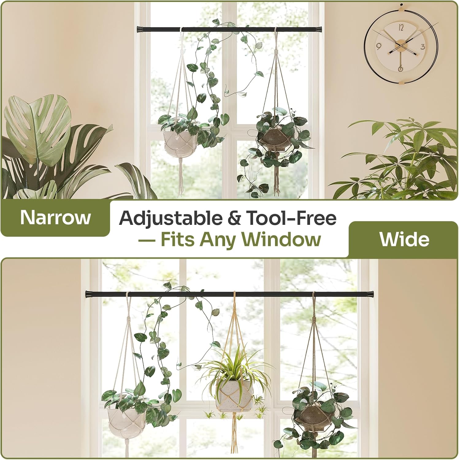 Bamworld Adjustable Indoor Plant Hanger - No-Drill Spring Tension Rods 27''-51'' | Black Expandable Holder