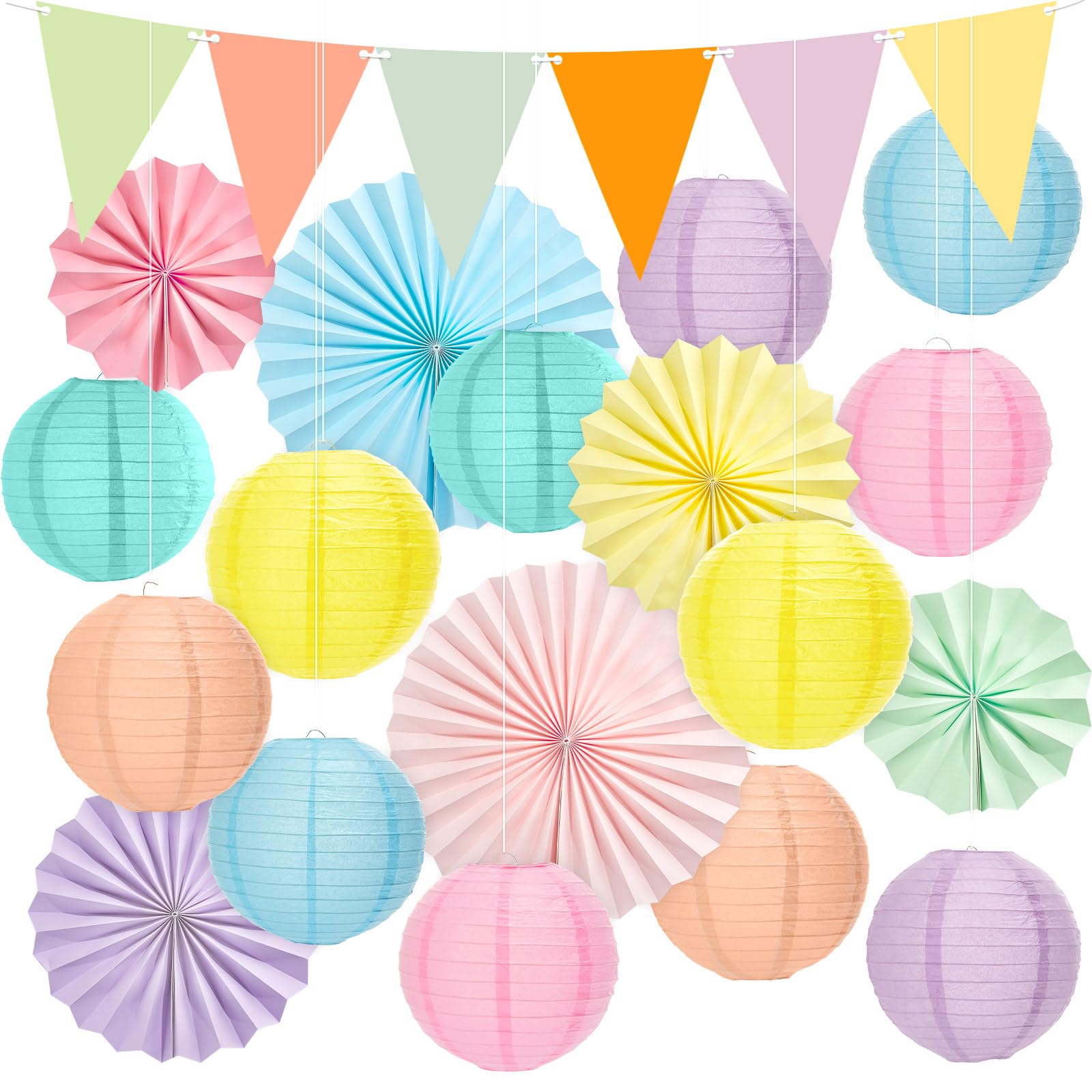 21Pcs Pastel Classroom Decor Colorful Pastel Hanging Paper Lanterns Paper Fans Triangle Flags Banners Set Round Lantern for Back to School Ceiling Supplies Home Indoor Birthday Party Ceremonial Event