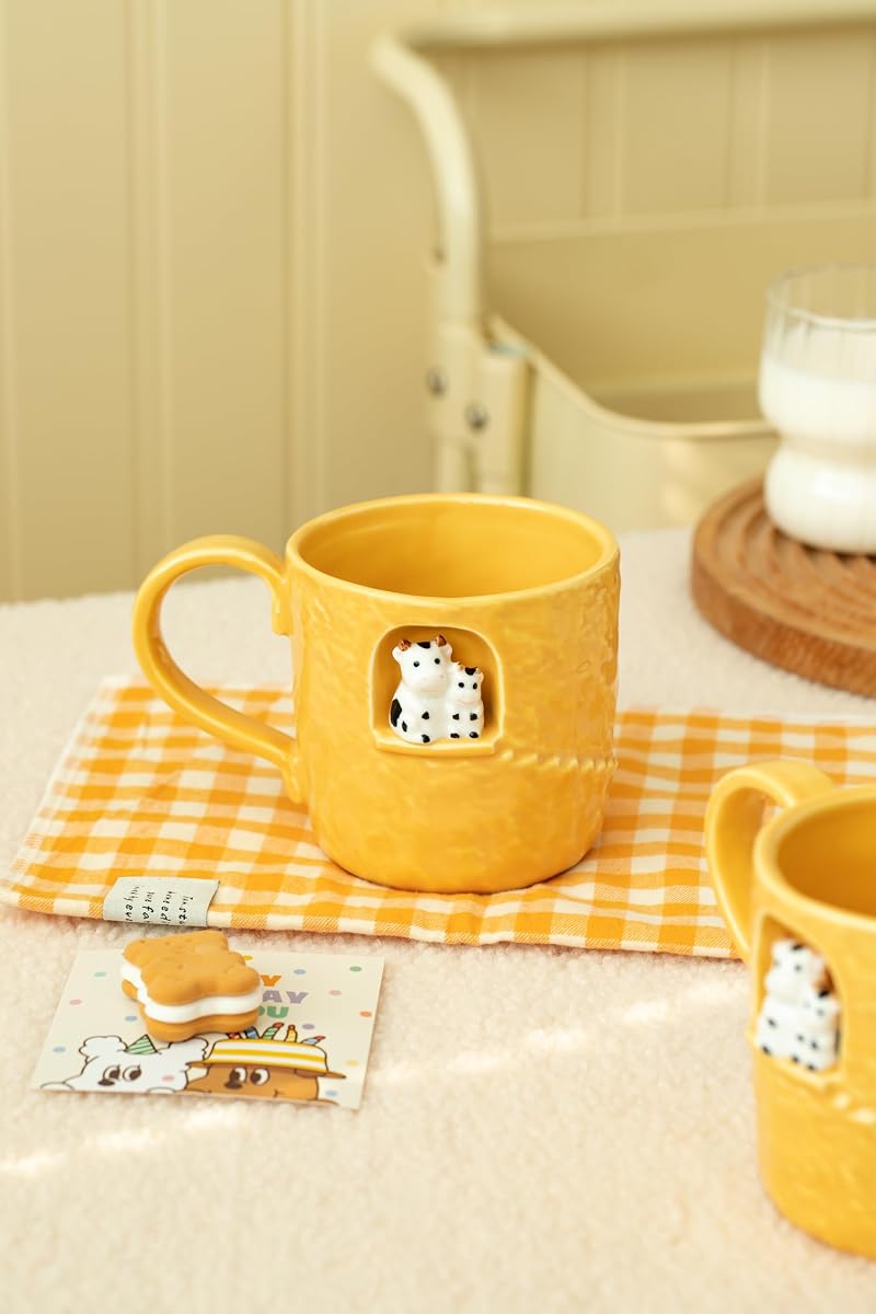 Dihoclub Yellow Parent-Child Cow Ceramic Coffee Mug — 14 oz Handcrafted Tea Cup with Window Sill Sculpture