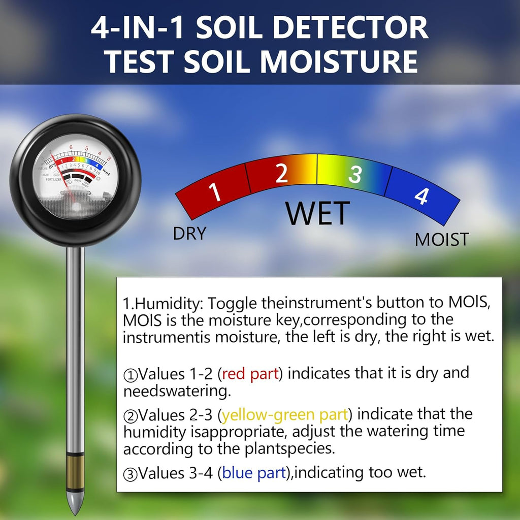 Skiennix 4-in-1 Soil Tester - Battery-Free PH, Moisture, Light & Fertilizer Meter for Garden & Lawn