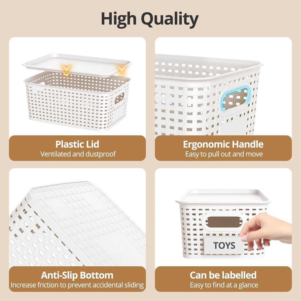 Plastic Storage Basket with Lid - Stackable Organizing Bins for Home & Office | 10.2x7.2x4.1 Inch, White, 8 Pack