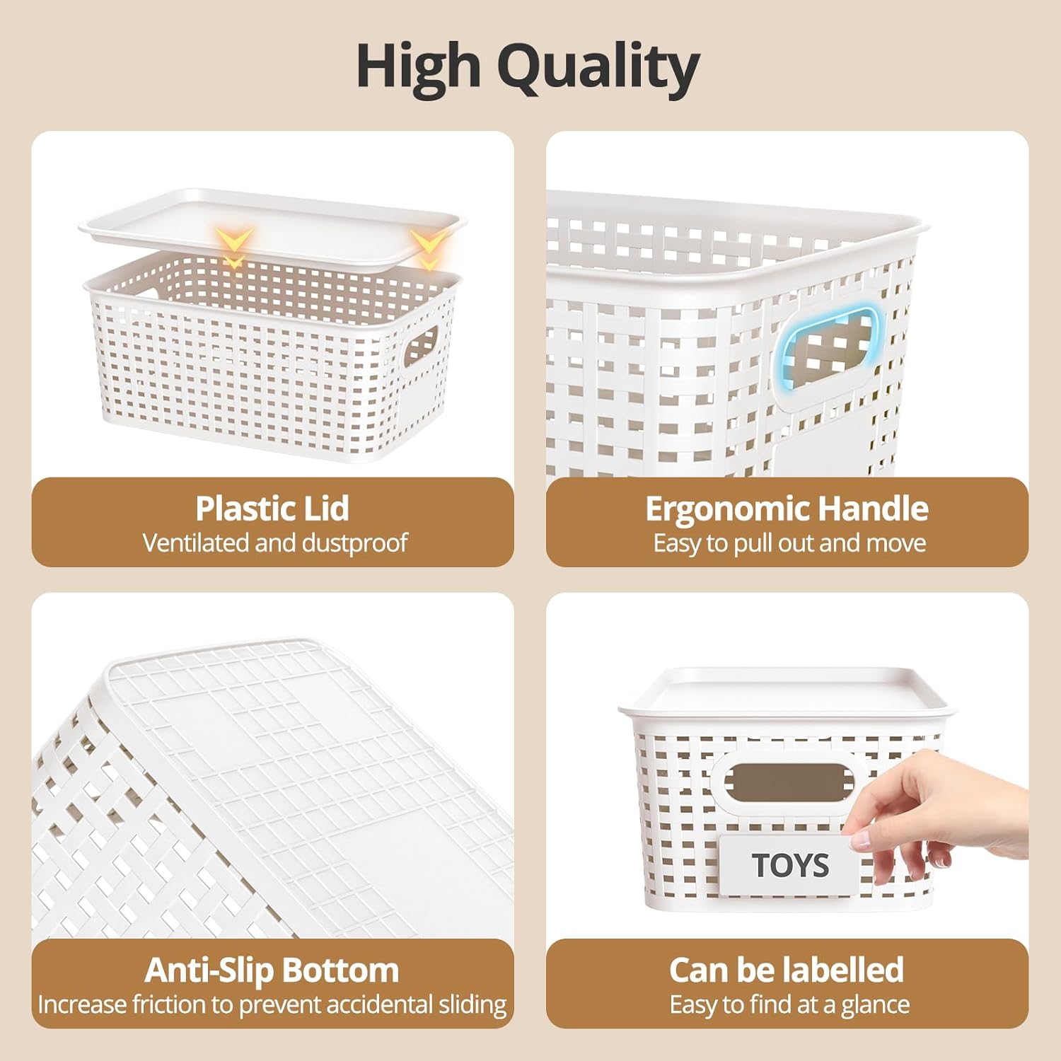 Plastic Storage Basket with Lid - Stackable Organizing Bins for Home & Office | 10.2x7.2x4.1 Inch, White, 8 Pack