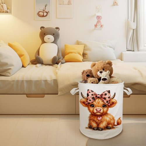 Cilrii Pink Bow Highland Cow Laundry Basket Hamper, Toybox for Girls, Western Cow Waterproof Collapsible Storage Bin Organizer for Bedroom Bathroom Kids Girls Room Dorm Clothes Toys Books