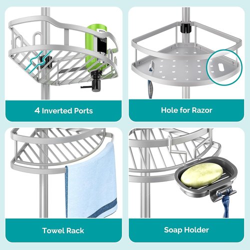 HAMITOR Corner Shower Caddy - Rustproof 4-Tier Bathroom Organizer for Shampoo & Soap | Adjustable 47-121 Inch Silver Gray Rack