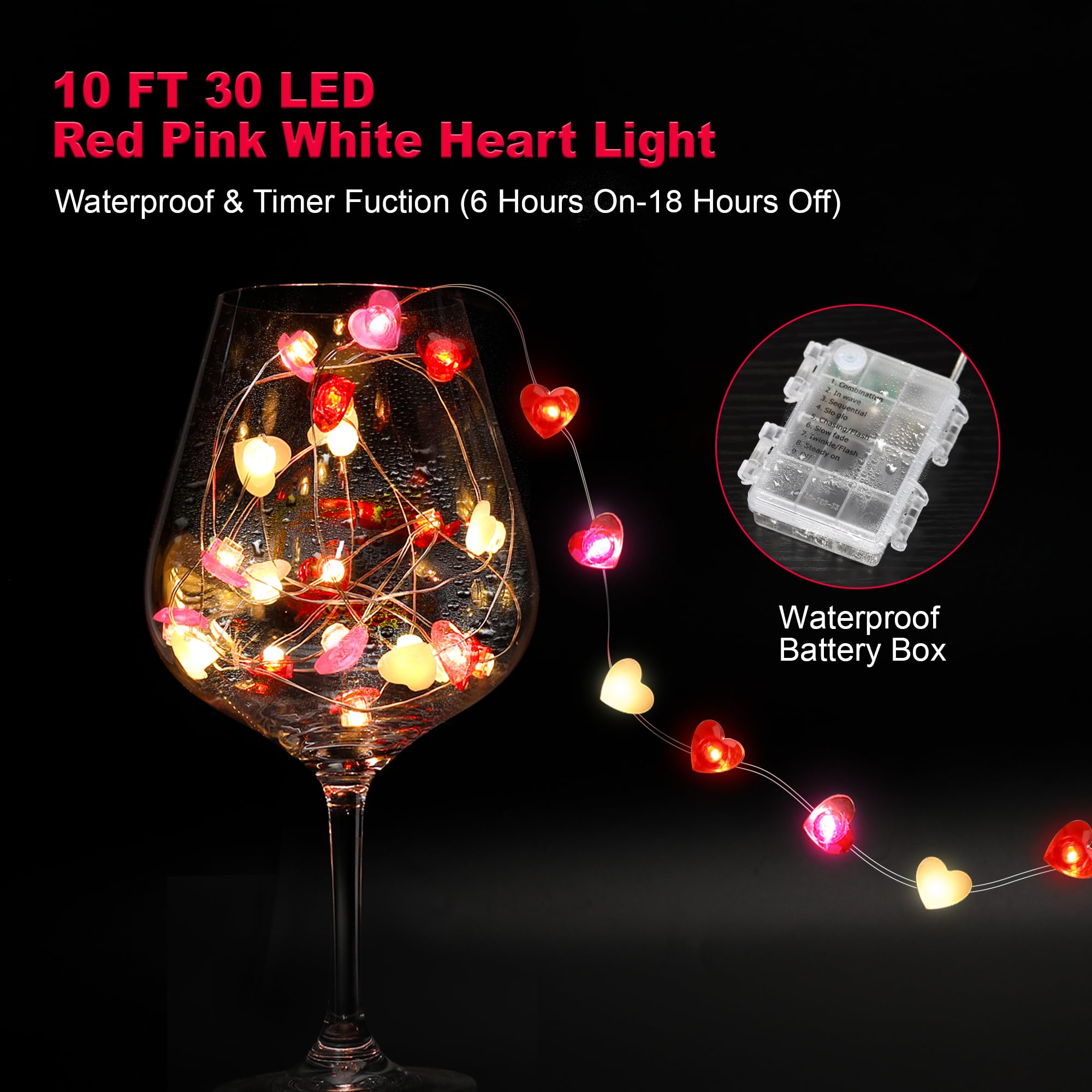 Valentines Day Decor 10FT 30 LED Valentines Decorations Red Pink White Heart String Lights Battery Operated, 8 Light Modes Valentines Day Lights Fairy Light Romantic Valentine's Decor Home Table Party