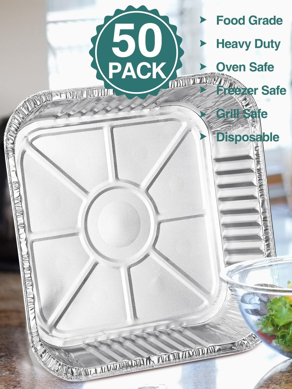 NEEBAKE 50 Pack 8x8 Aluminum Pans with Lids - Disposable Square Foil Baking Containers for Cakes & Bread