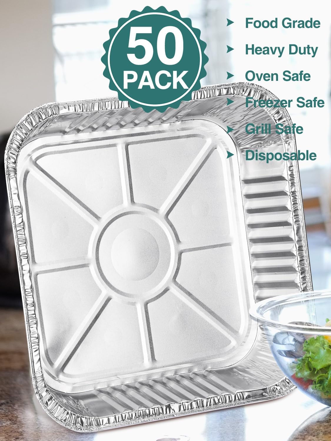 NEEBAKE 50 Pack 8x8 Aluminum Pans with Lids - Disposable Square Foil Baking Containers for Cakes & Bread