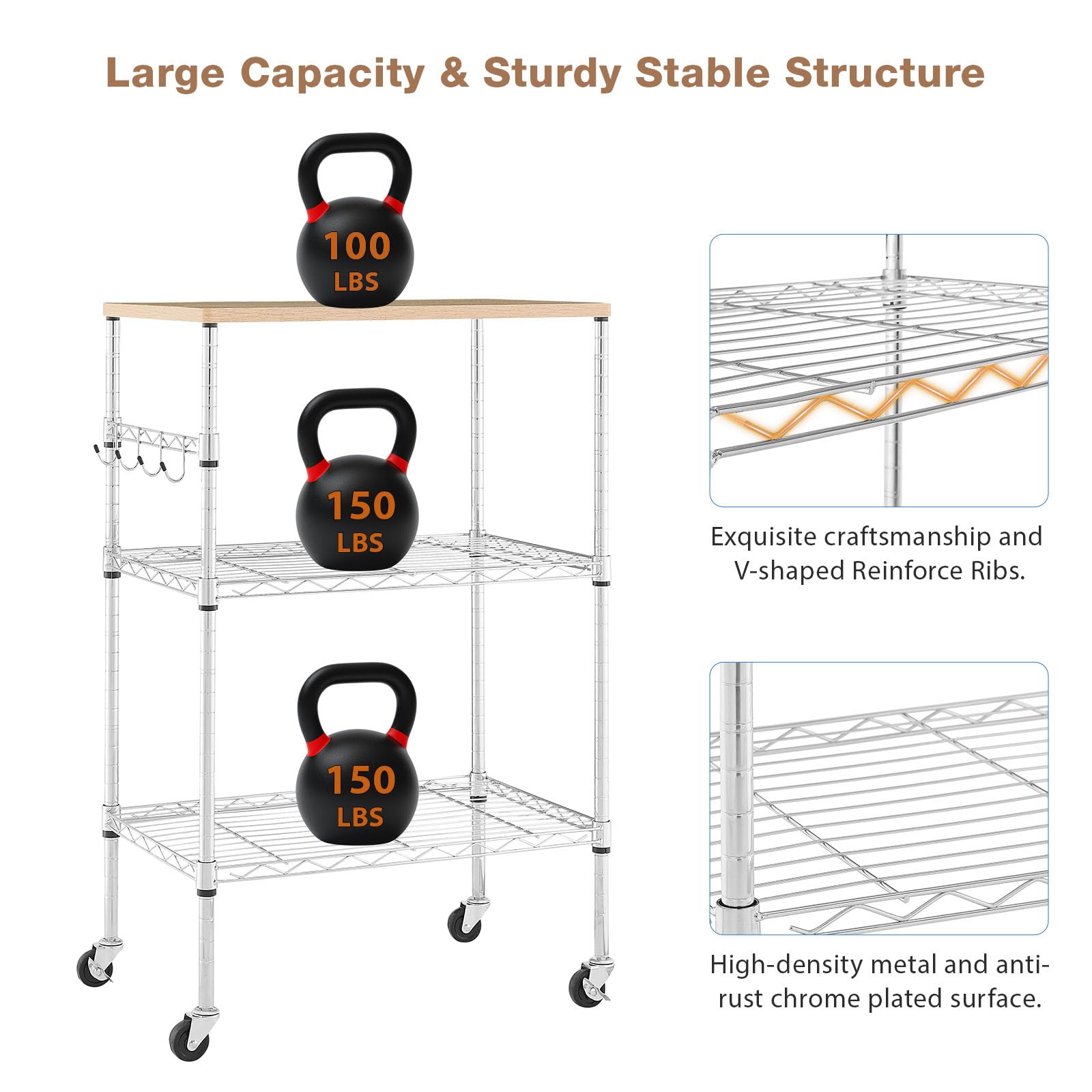 BolDuck 450Lbs Capacity Microwave Cart with Wheels, 3 Tier Rolling Cart with Adjustable Shelves, Multifunctional Metal Utility Storage Kitchen Carts on Wheels, 23.6" L*15.7" W*37" H, Wood+Chrome