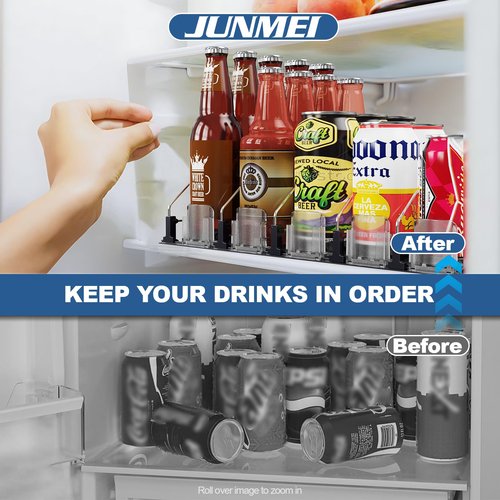 JUNMEI Drink Organizer for Mini Fridge (Fits Depth ≥ 12.2"), 12oz 16oz 20oz Soda Can Dispenser, Width Adjustable Automatic Pusher Glide, 12.2" D 4ROW Holds 16 Cans, White