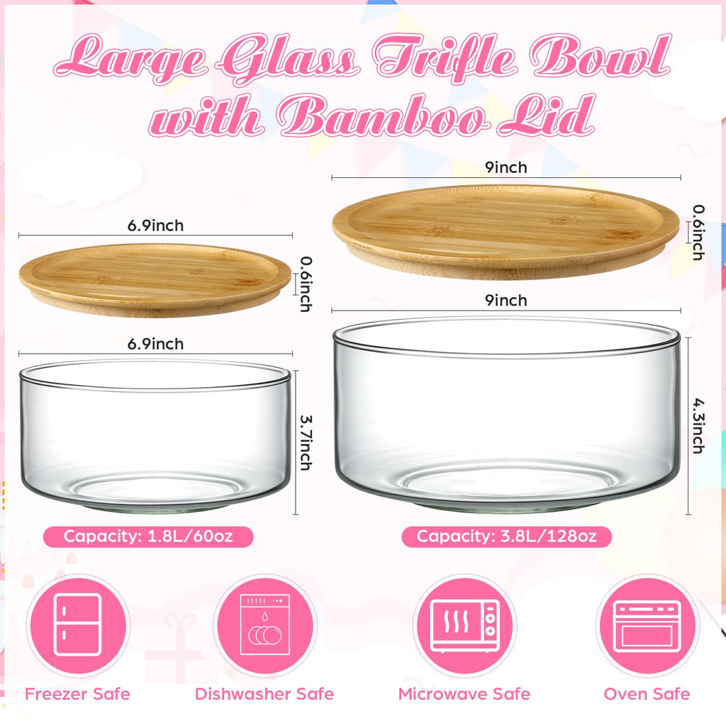 Qinyoung 2 Pack Large Trifle Bowls with Lids 9 Inch and 6.9 Inch Clear Glass Large Salad Bowl for Cake, Baking, Dessert, Fruit and Party DIY with 5 Pcs Wood Serving Utensils, Microwave Dishwasher Safe
