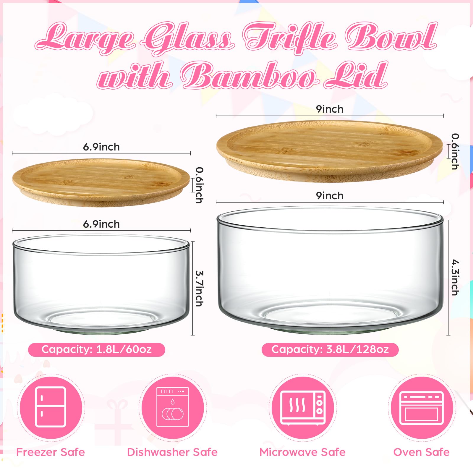 Qinyoung 2 Pack Large Trifle Bowls with Lids 9 Inch and 6.9 Inch Clear Glass Large Salad Bowl for Cake, Baking, Dessert, Fruit and Party DIY with 5 Pcs Wood Serving Utensils, Microwave Dishwasher Safe