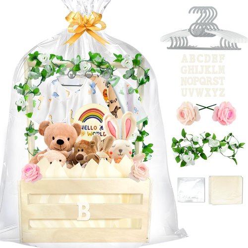 Amgkonp Wooden Baby Shower Crate Closet with Hanger Rack,Baby Baskets,Baby Shower Baskets with Handles & Garland for Newborn Boys Girls,Pregnancy Gifts for New Parents