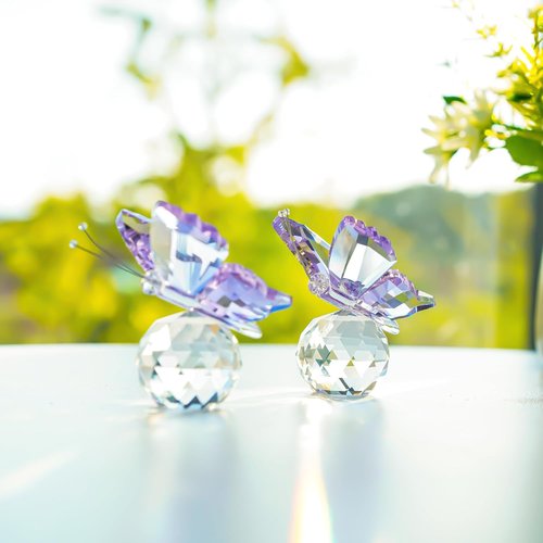 Kanpura Crystal Butterfly Figurines - 2 Pcs Glass Statues with Ball Base for Home Christmas Decor | Purple