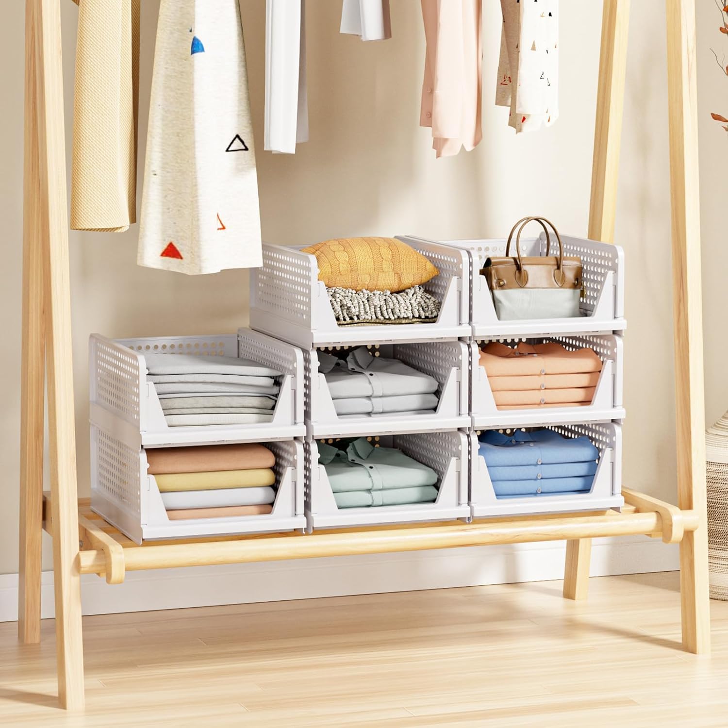 Stackable Closet Storage Baskets by [Brand Name] - Multifunctional & Foldable Organizers | Waterproof, Space-Saving Design, White - 5 Pack