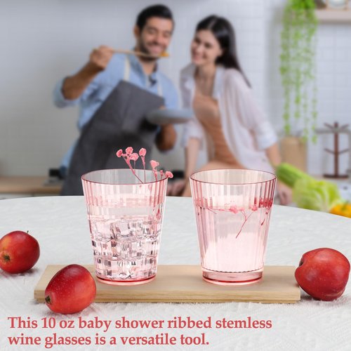 48 PCS Plastic Ribbed Drinking Glasses Pink 10oz Unbreakable Vintage Ripple Stemless Wine Glasses Cocktail Tumbler Glass Cups Disposable Retro Glasses Drinkware for Valentine Baby Shower Wedding
