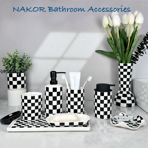 Bathroom Toothbrush Holder Set, Ceramic Soap Dispenser and Tooth Brush Holder Set, Modern Bathroom Accessories Sets Countertop, Black and White Checkered Bathroom Decor Set
