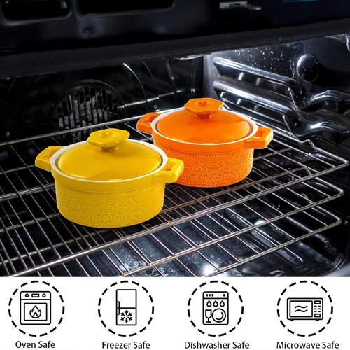 Hacaroa Mini Cocotte Set - 8 Oz Ceramic Ramekins with Handles | Oven Safe Individual Serving Dishes - 6 Colors