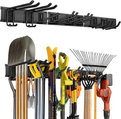 Heavy Duty Metal Garage Storage Organizer by [Brand Name] - 48-Inch Wall-Mounted Tool Rack with 8 Hooks for Shovels, Ladders, and Garden Tools
